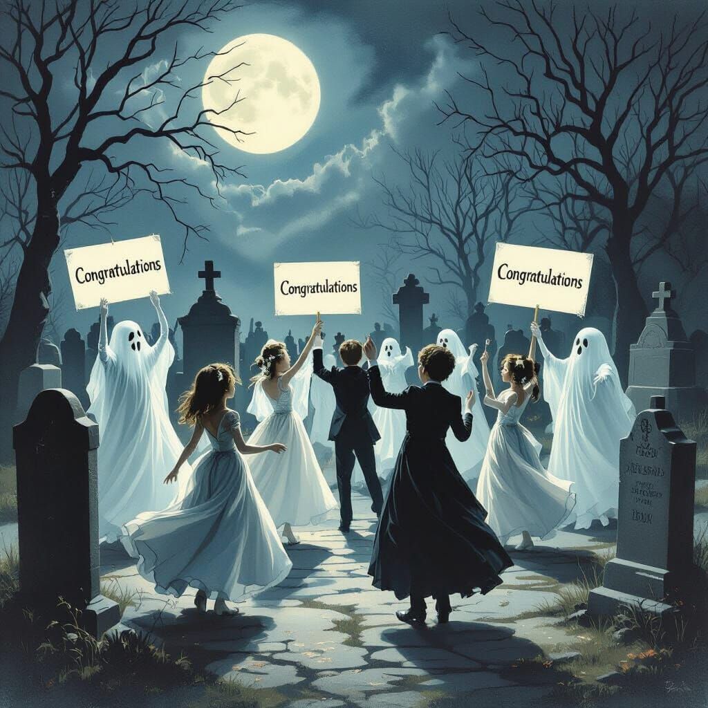 A creepy prom night, in a cemetary it has ghosts holding tex...