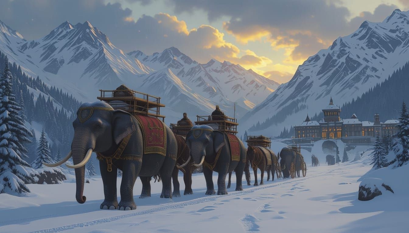 Hannibal's Elephants Cross Alps in Winter Storm