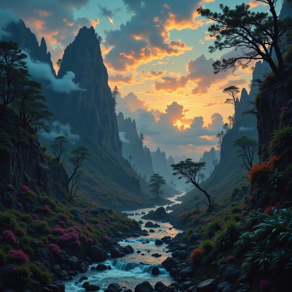 Jurassic Dreamscape: Hyper-Realistic Twilight Scene