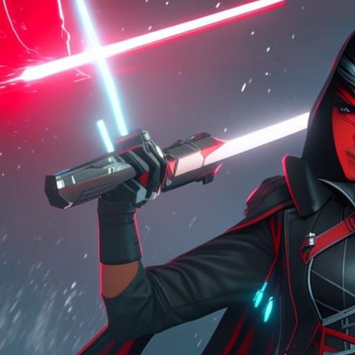 Cyberpunk Woman with Crystal Saber and Hood