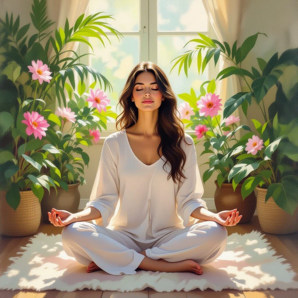 Meditative Woman Receiving Divine Blessing in Floral Sanctua...