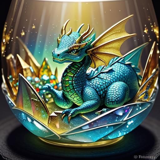 Baby Dragon in Glass Jewelry Box: Fantasy Illustration