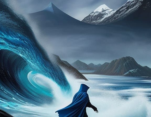 Magical Tsunami Unleashed by Cloaked Figure