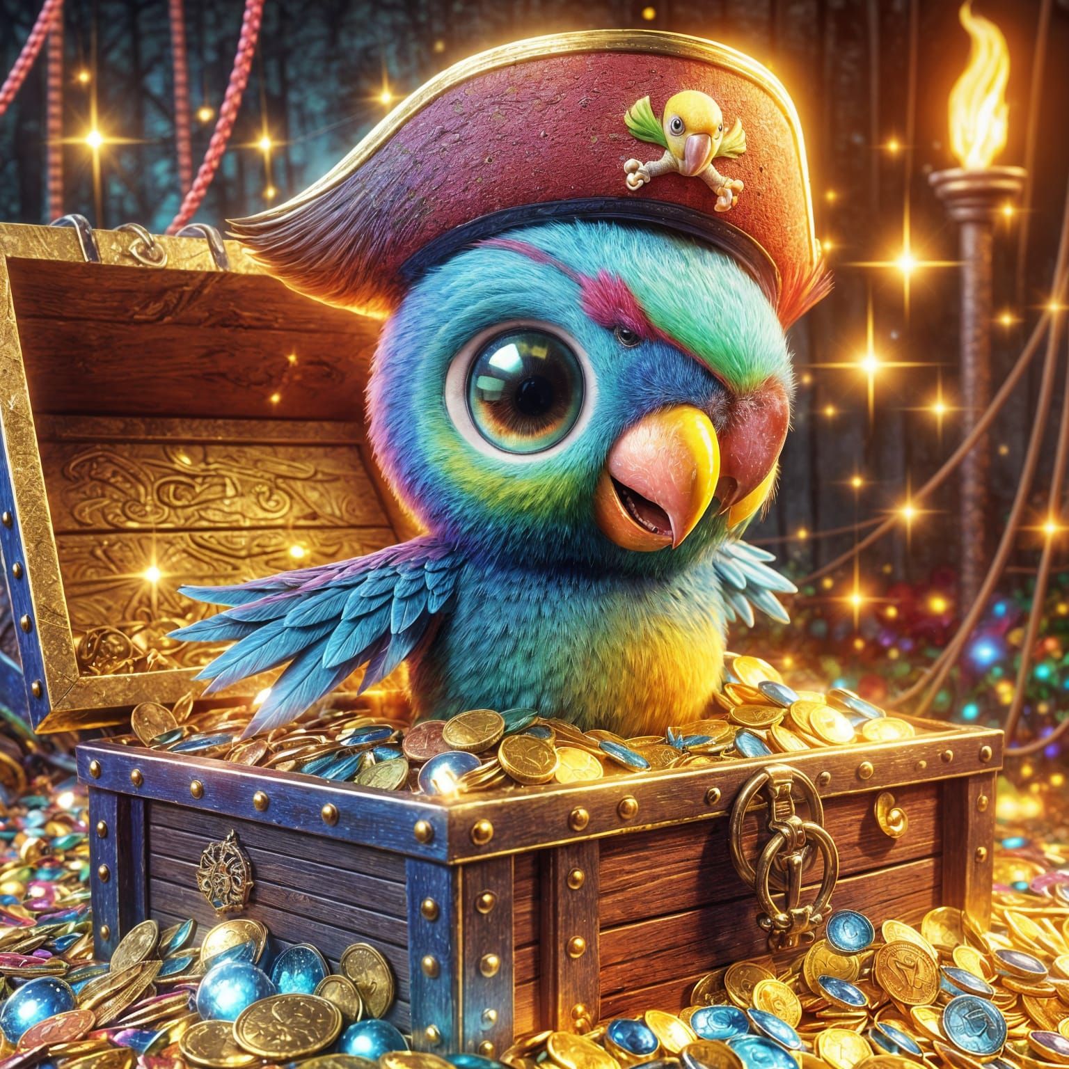 Cartoon Pirate Parrot on Treasure Chest in CGI Style