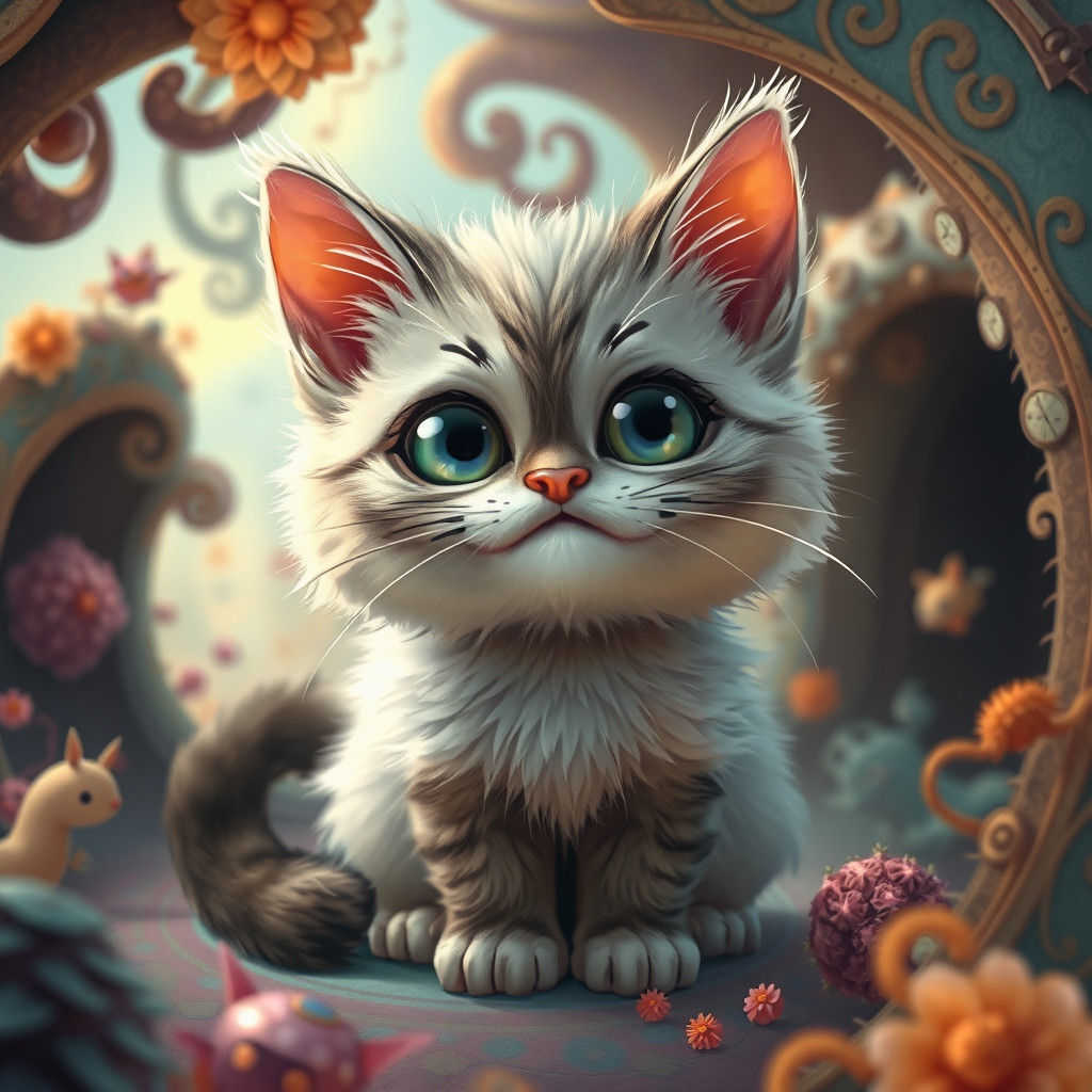 Whimsical Kitty in Dreamlike Forest: Matte Painting