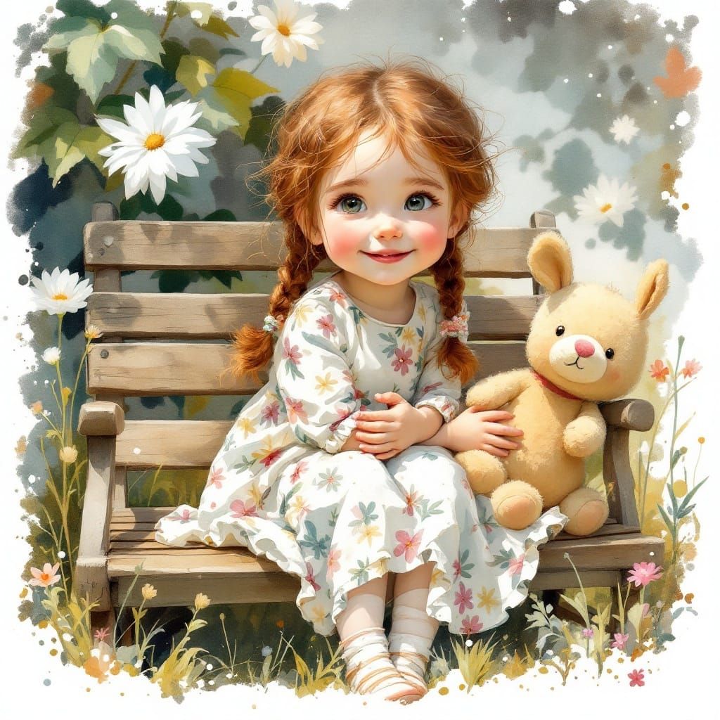 Sweet Girl on Garden Bench, Watercolour Style