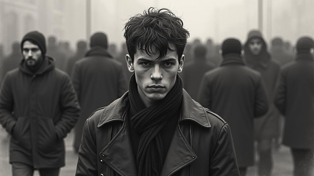 Depressed Man in a Crowd, Charcoal Drawing