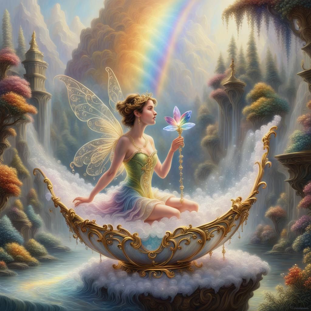 Rainbow Fairy on Crystal Cornucopia: Hyperrealistic Art
