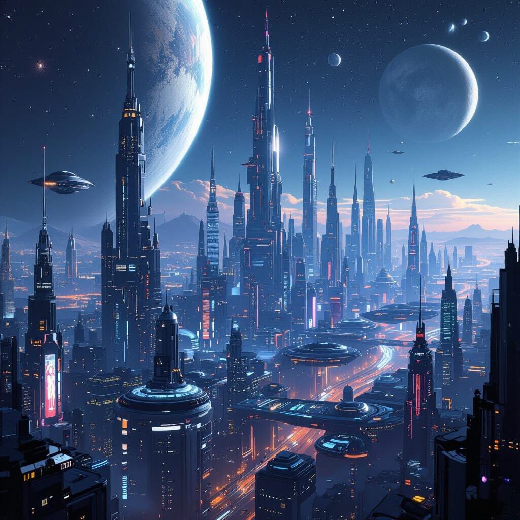 Futuristic Metropolis in Space with High-Tech Architecture