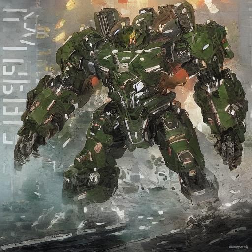 Colossal Green Mech in Futuristic Cityscape