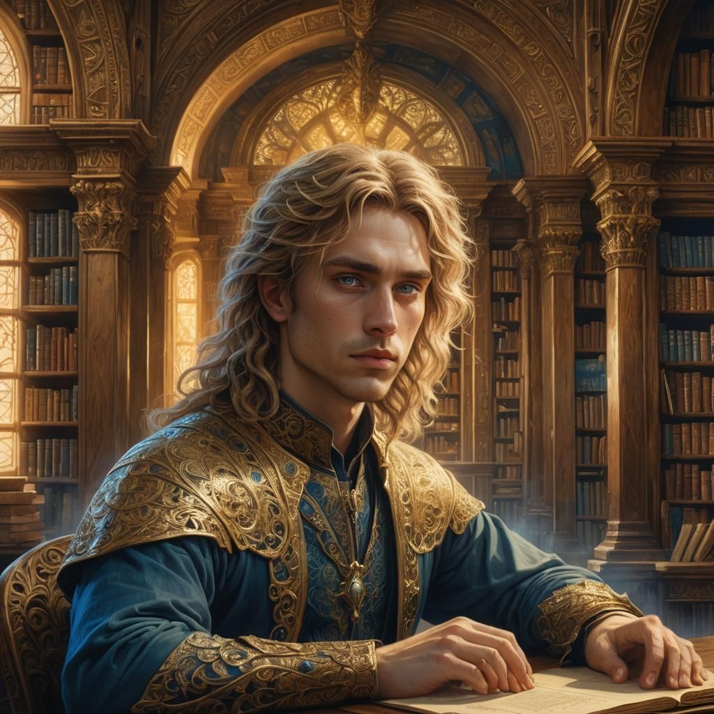 Mystical Library Portrait in Pre-Raphaelite Style