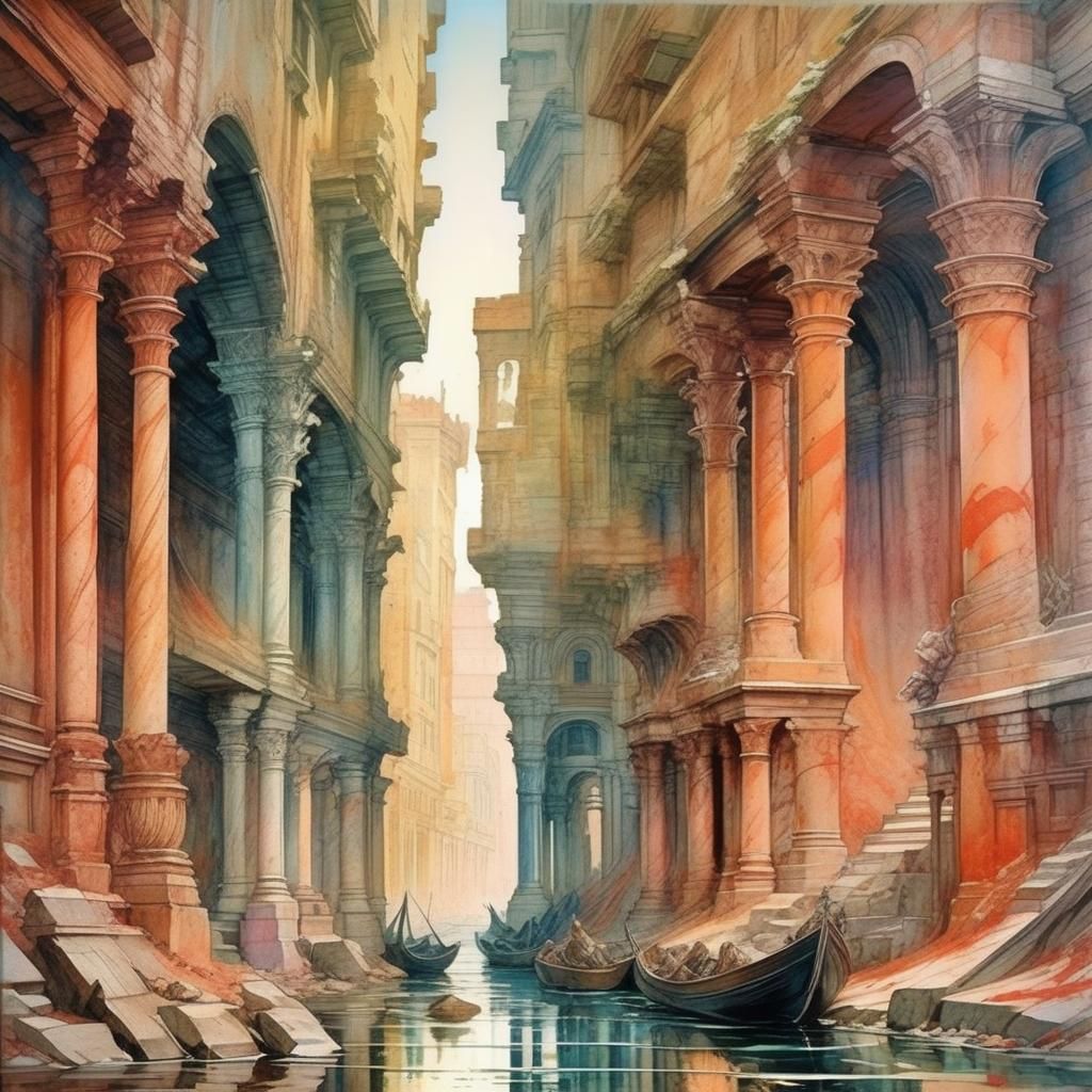 Chaotic Pastel Watercolor Scene Inspired by Piranesi