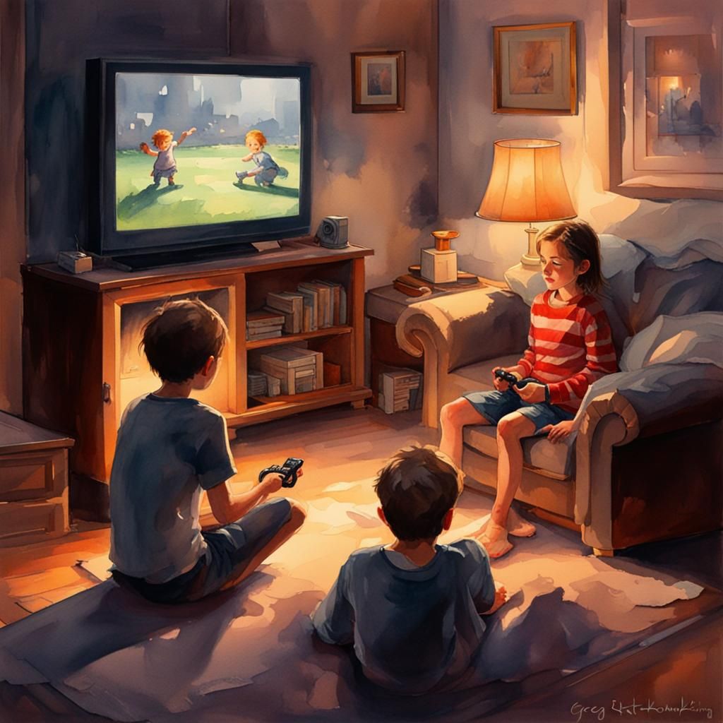 Children Gaming in Cozy Watercolor Living Room