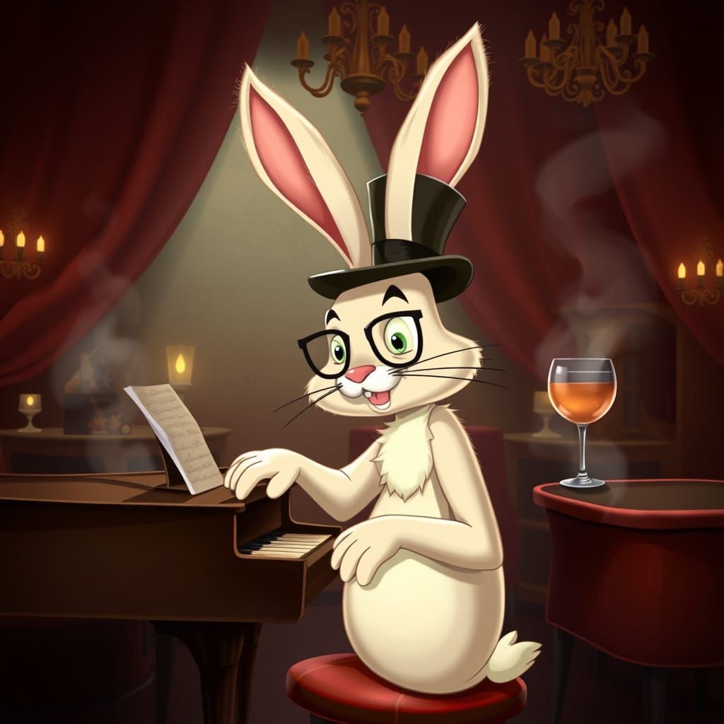 Anthropomorphic Rabbit Plays Piano in Cartoon Surrealism Sty...