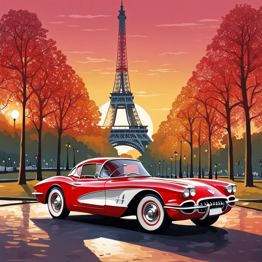Classic Red Corvette C1 in Paris, Picasso Style