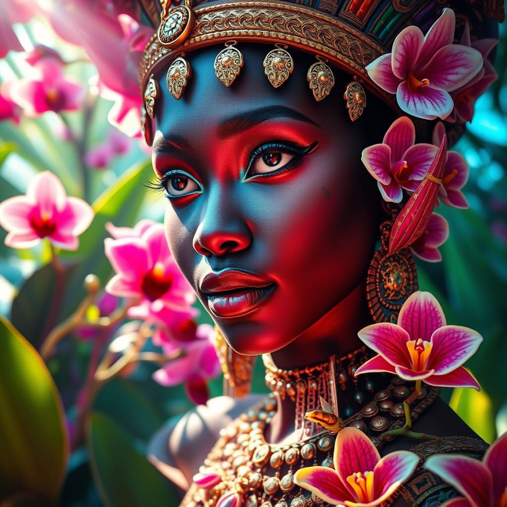 Hyper-Realistic Nubian Woman in Psychedelic Tropical Garden