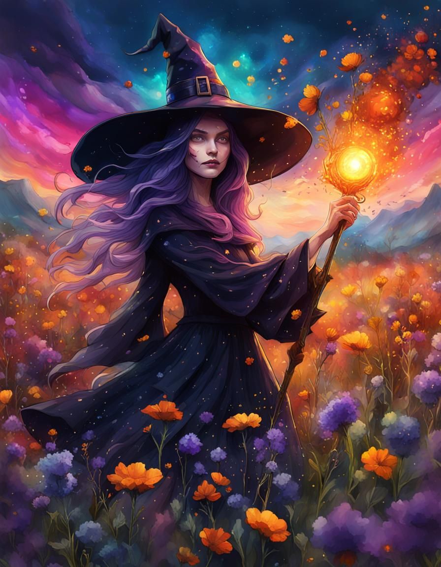 Halloween Witch in Wildflower Field: Detailed Matte Painting