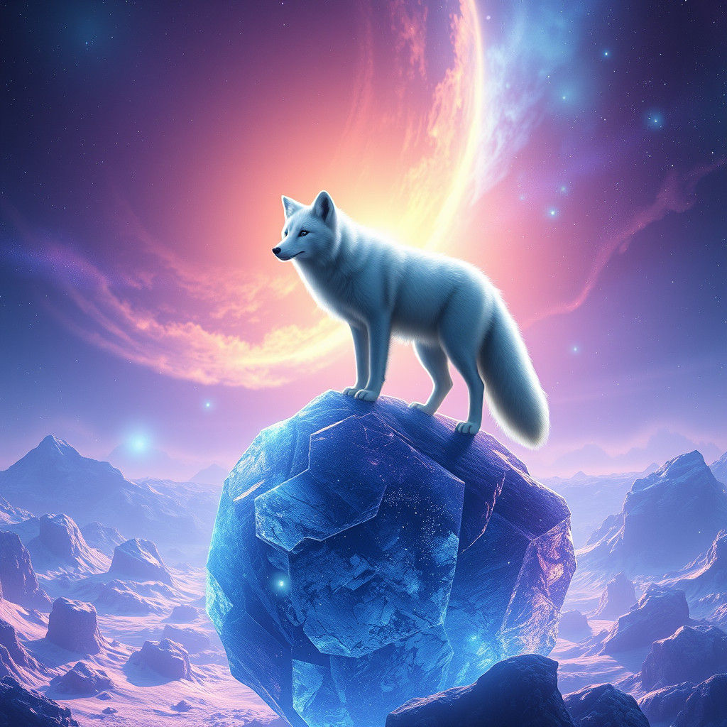 Arctic Fox on Asteroid in Sci-Fi Landscape