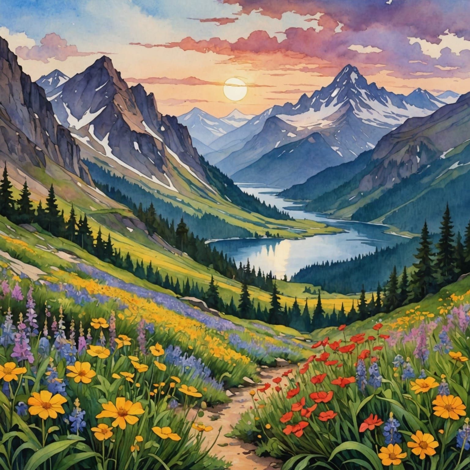 Watercolor Landscape with Wildflowers in Anime Style