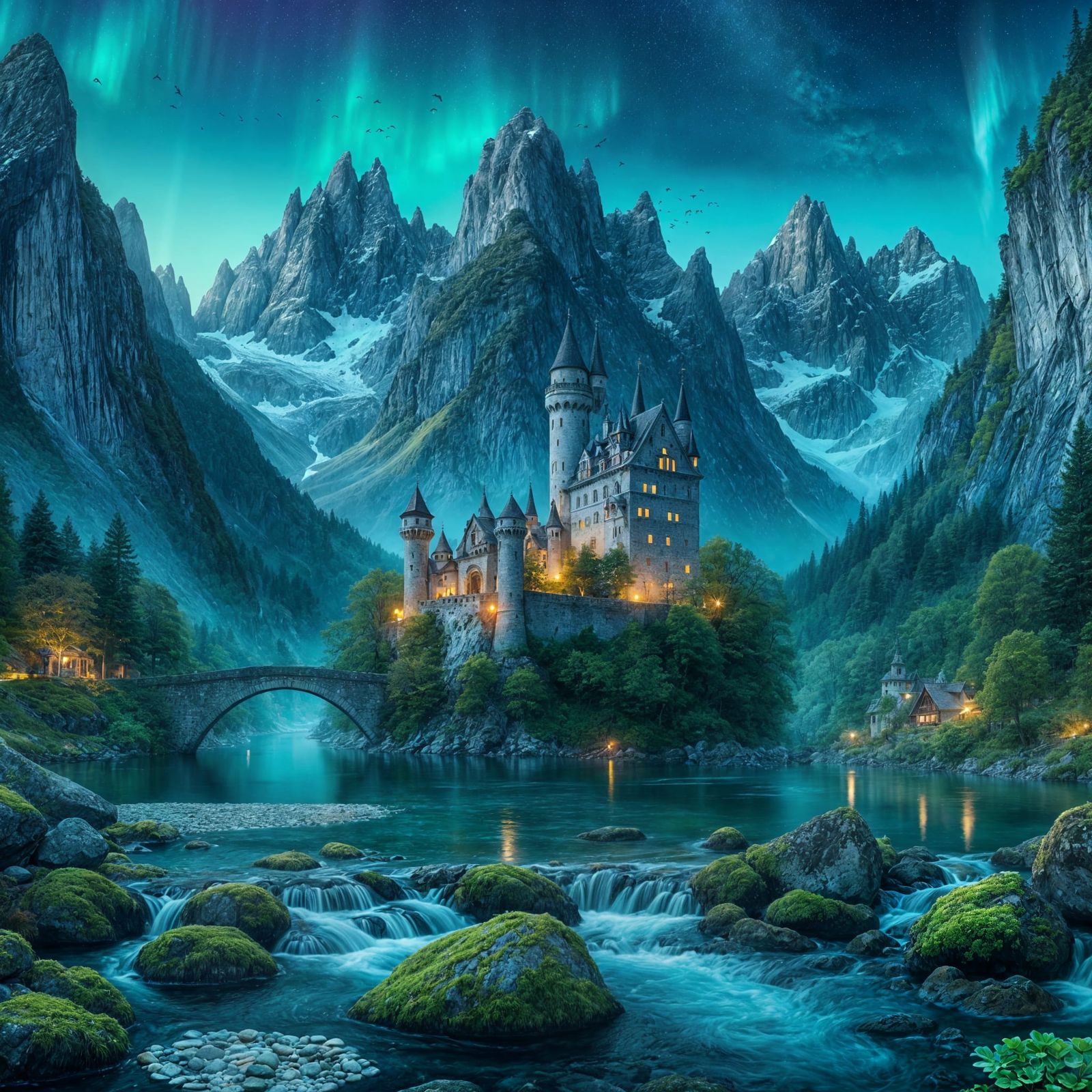 Majestic Castle in a Dreamlike Mountain Valley at Twilight