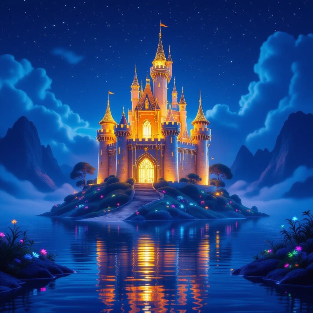 Transparent Honey Castle on Glowing Island at Night