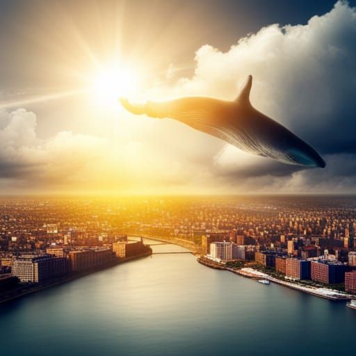 Whale Flies Over City in Dreamy Sunlight