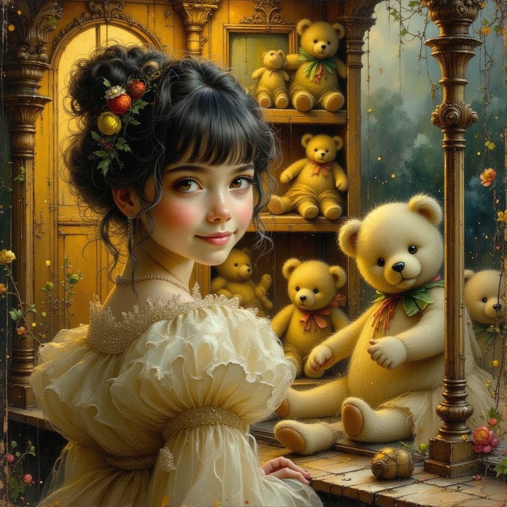 Victorian Girl Gazes at Vintage Teddy Bears