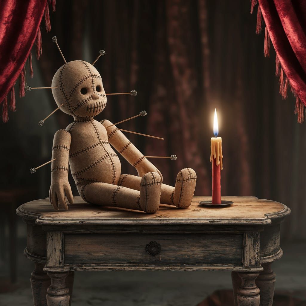Eerie Voodoo Doll with Torn Fabric and Exposed Seams