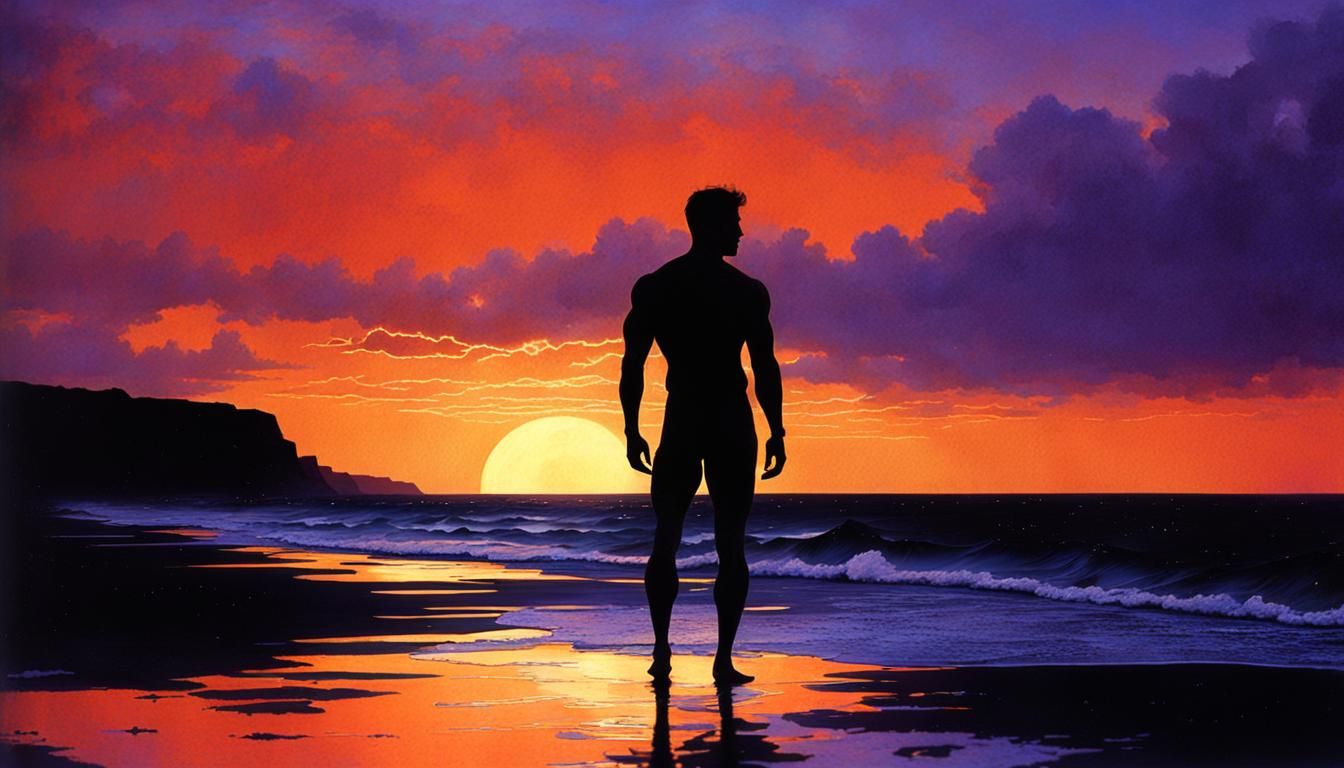 Silhouette of Man at Beach Sunset in Chiaroscuro