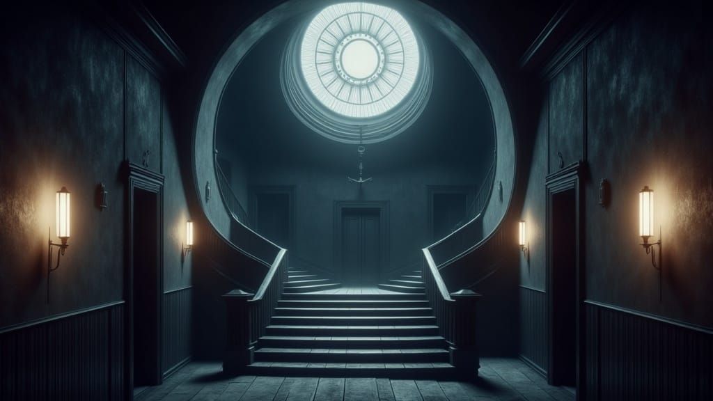 Mysterious Unlit Stairwell in a Haunting Cyberpunk Atmospher...