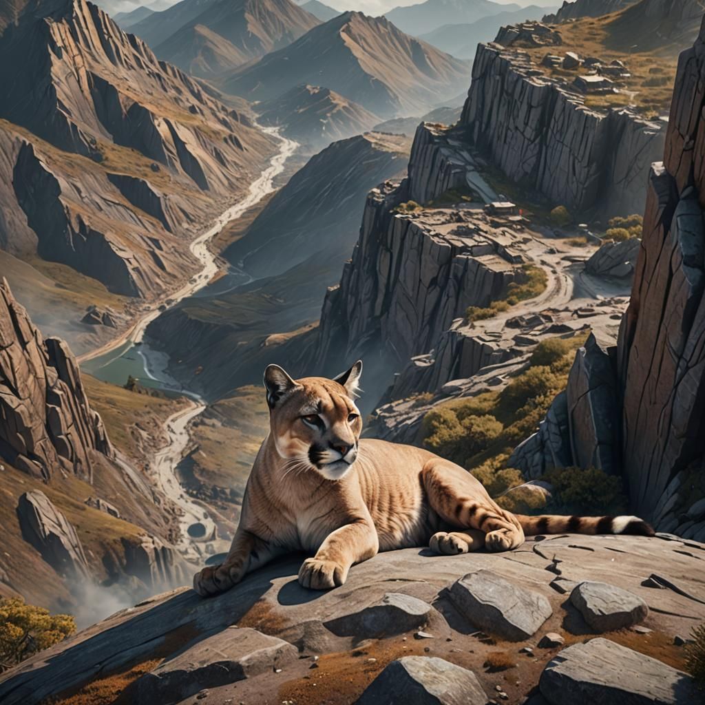 Calm Puma Amidst Earthquake: Detailed Matte Painting