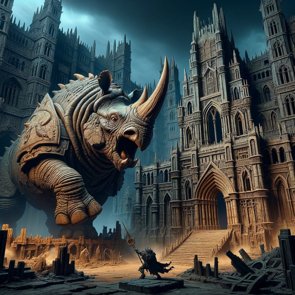 Rhinoceros in Gothic Castle Battle After Evening