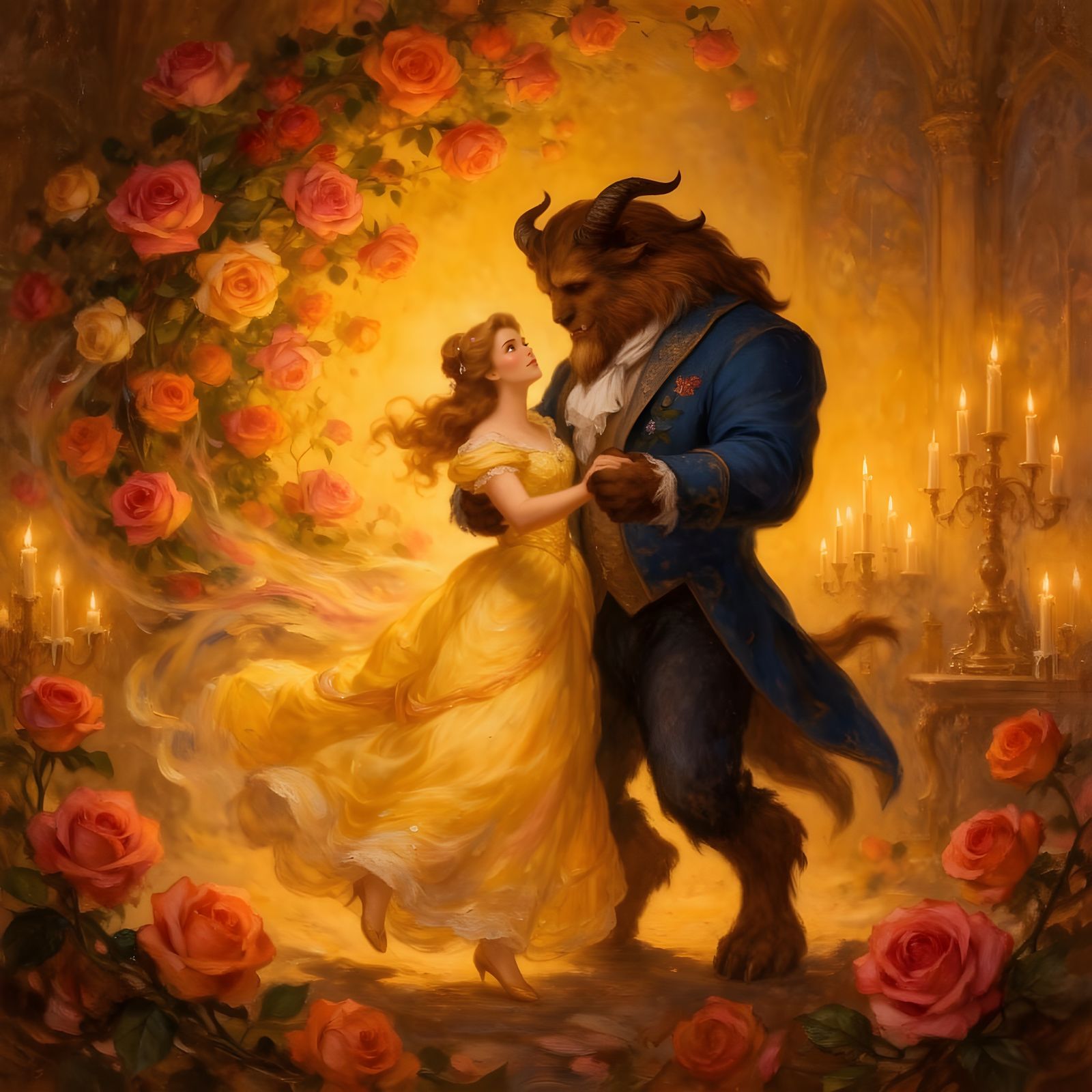 Beauty and the Beast Dance in Cozy Painting Style