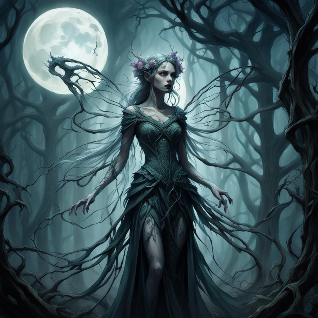 Cybernetic Gothic Fairy in Dark Fantasy Landscape
