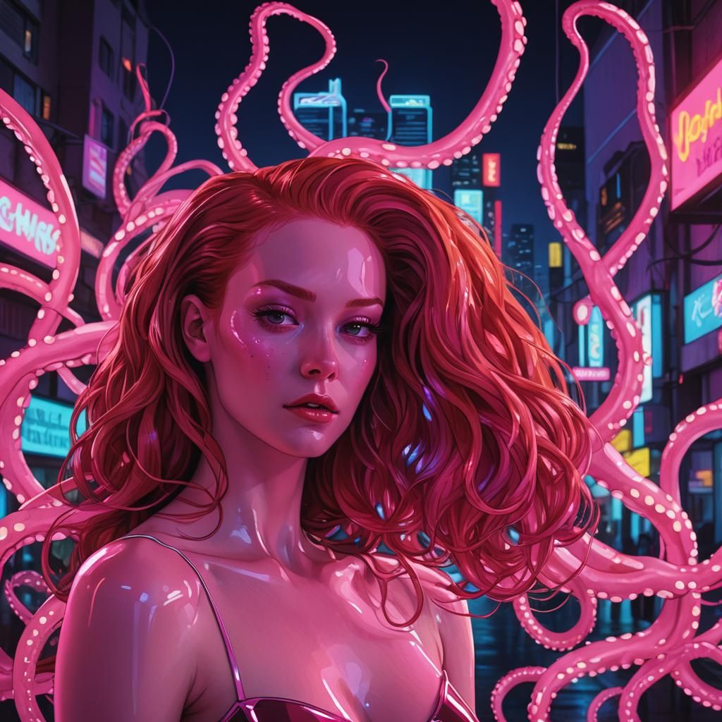 Pink Octopus in Love, Synthwave Neon Art