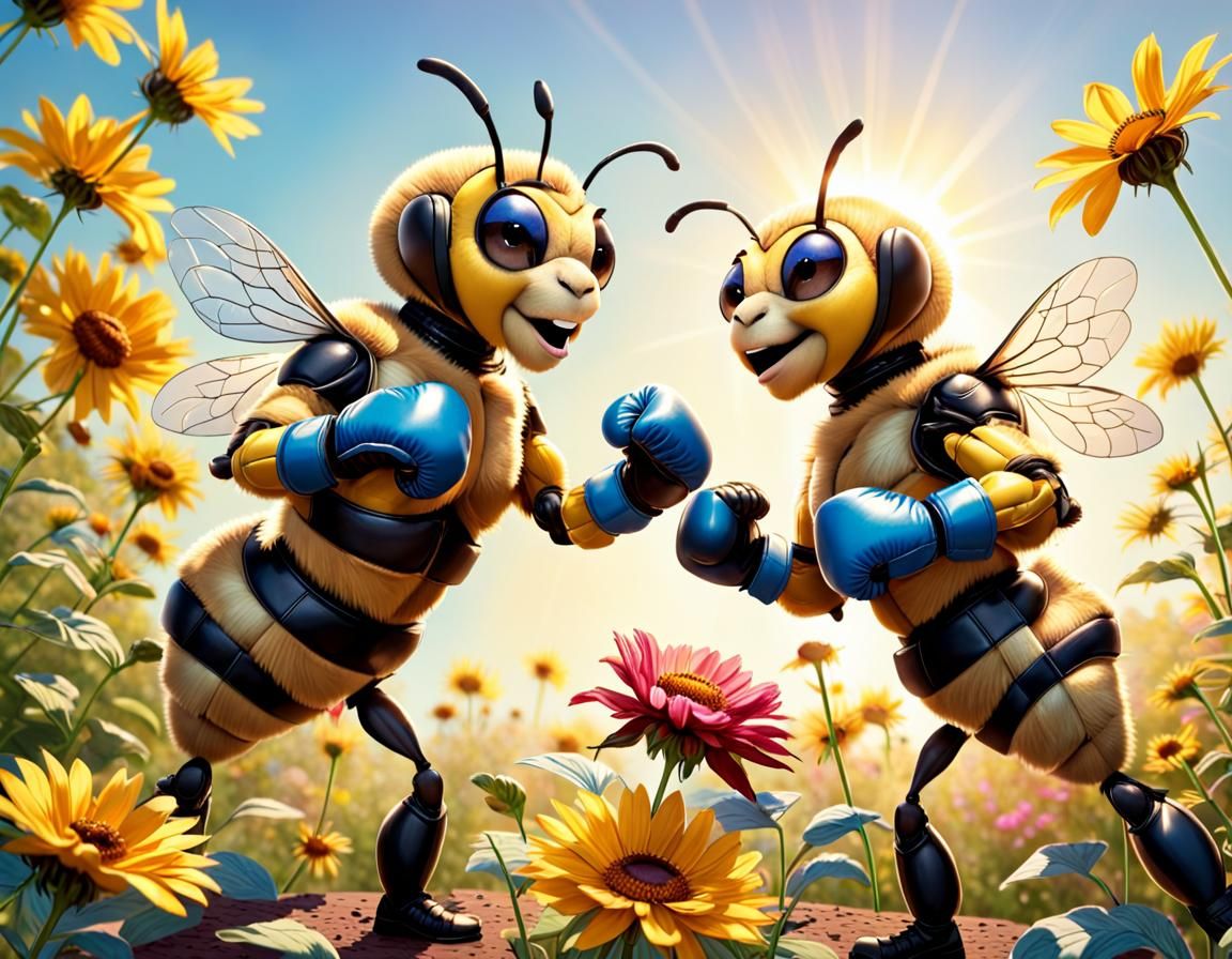 Bees Boxing Over Flower in Sunny Garden