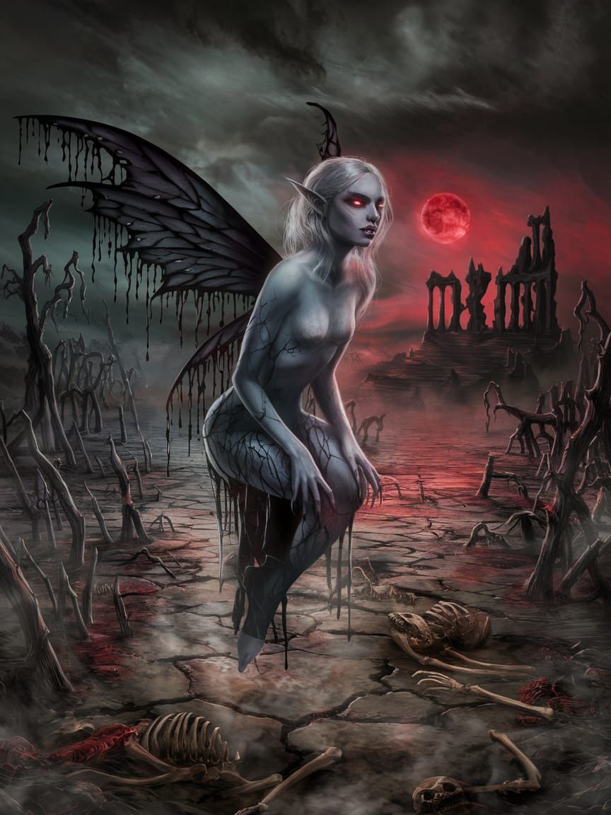 Dark Vampire Fairy in Desolate Landscape