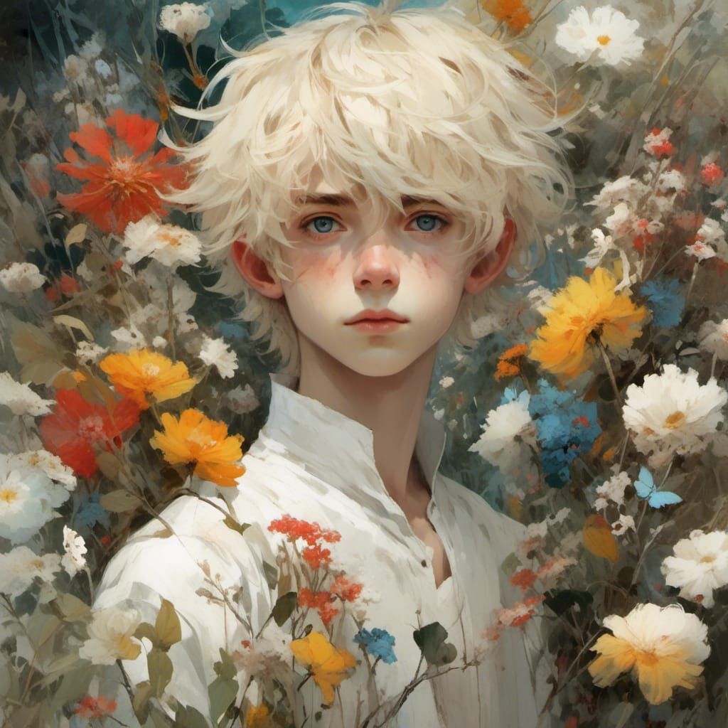 Boy with Amber Eyes Amidst Flowers