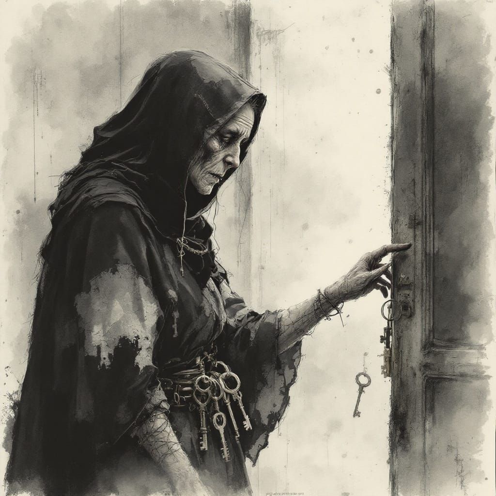 The Keeper of Forgotten Doors in Whimsical Watercolor