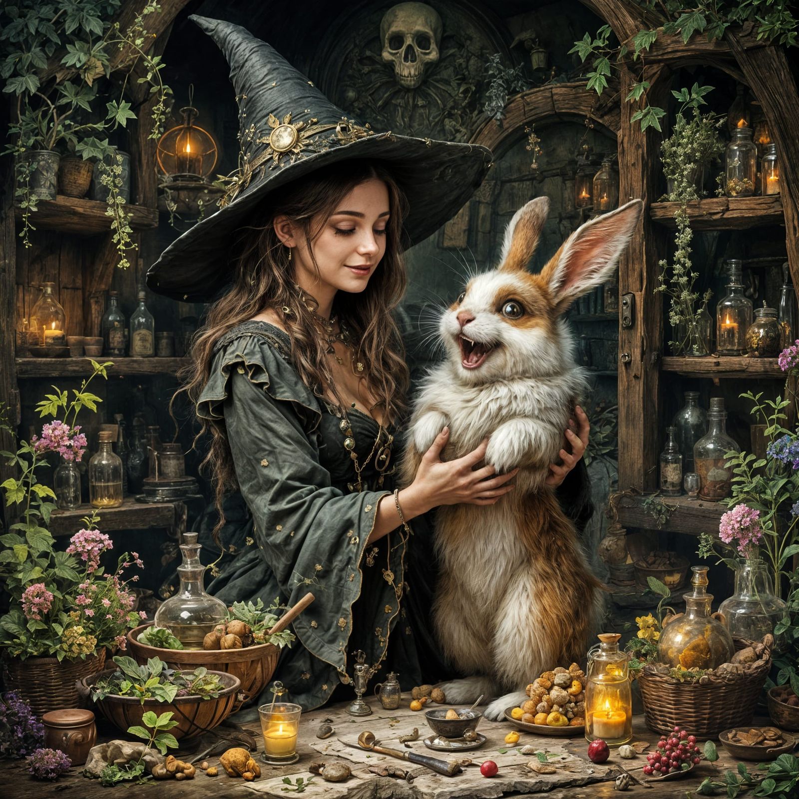 Human Witch and Laughing Bunny Fantasy Illustration
