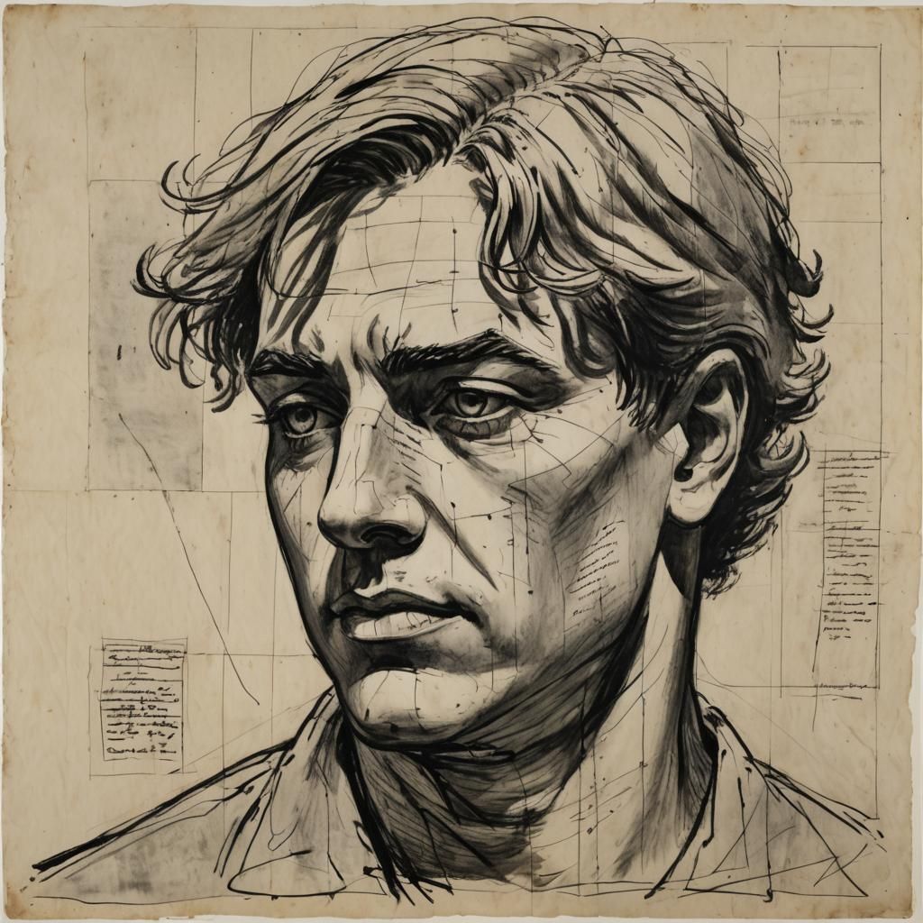 Head and torso of a (20-year-old beautiful young man:3) (drawing by William Kentridge:3) charcoal rough sketch, distorte...