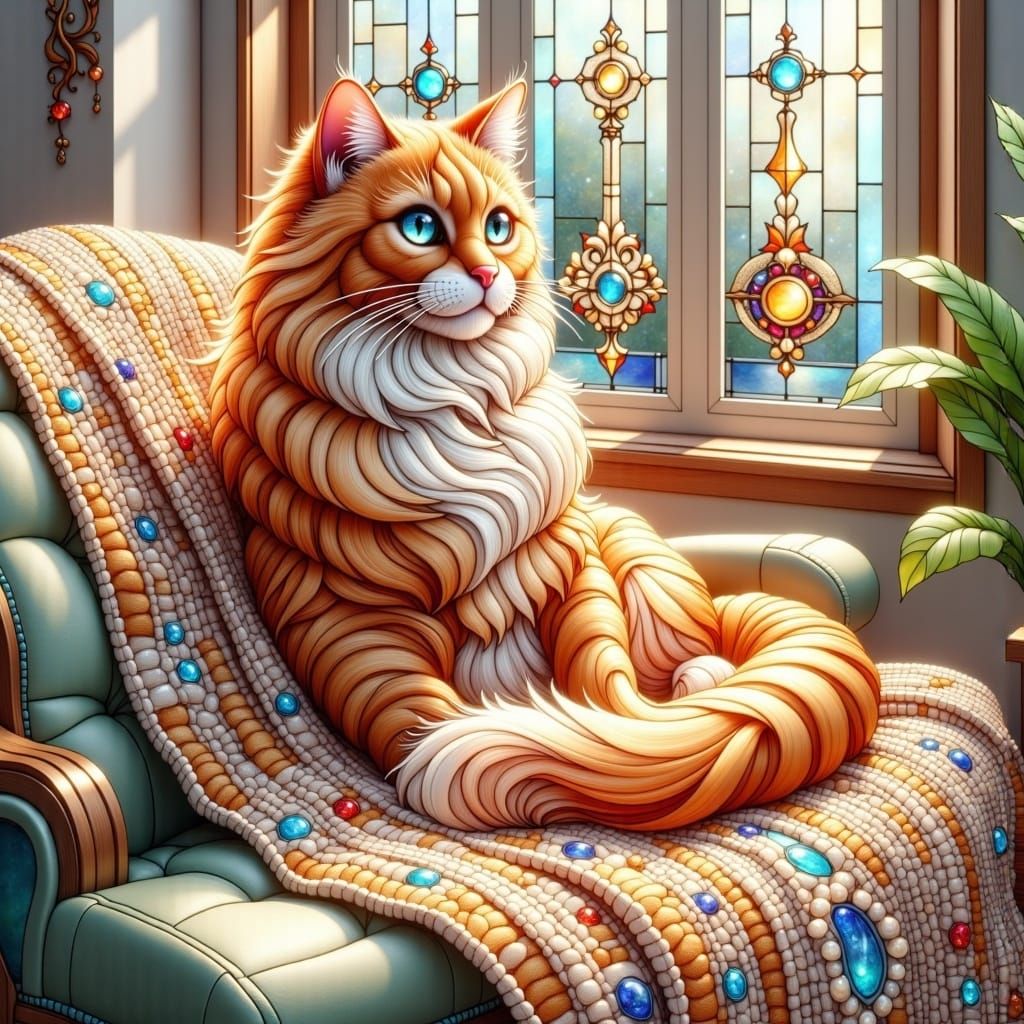 Orange Cat in Stained Glass Style Window