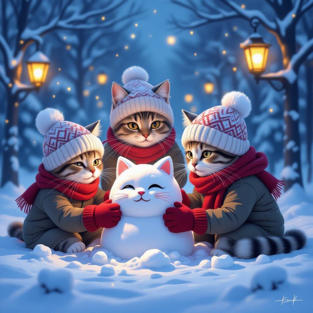 Cats in Winter Wonderland Building a Snowcat Sculpture
