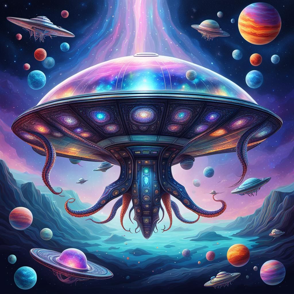 Squid Spaceship Soars in Cosmic Astral Illustration