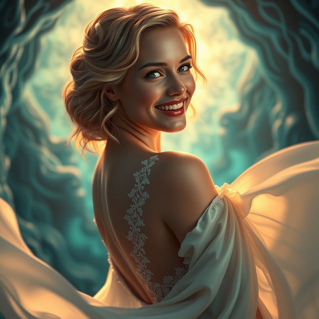 Woman in White Gown with Ethereal Smile