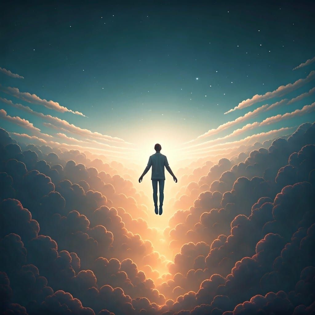 Ethereal Man Suspended Between Heaven and Earth