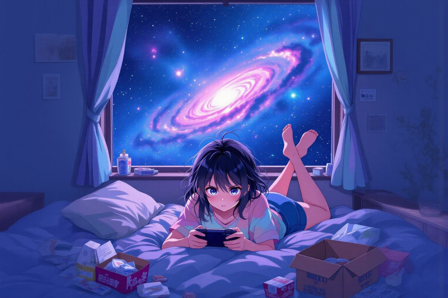 Anime Girl Gaming in Galaxy Room