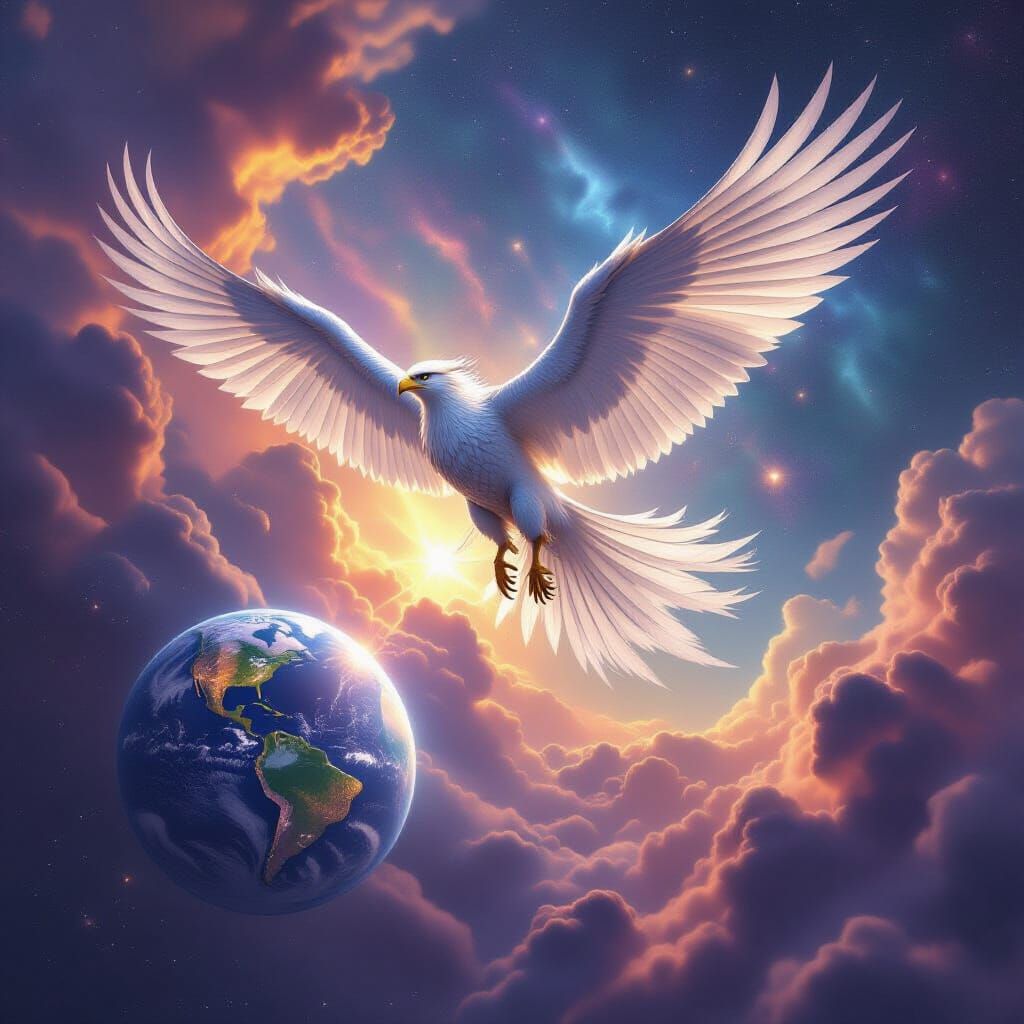 Majestic Griffin Soars Through Cosmic Nebula Over Crystallin...