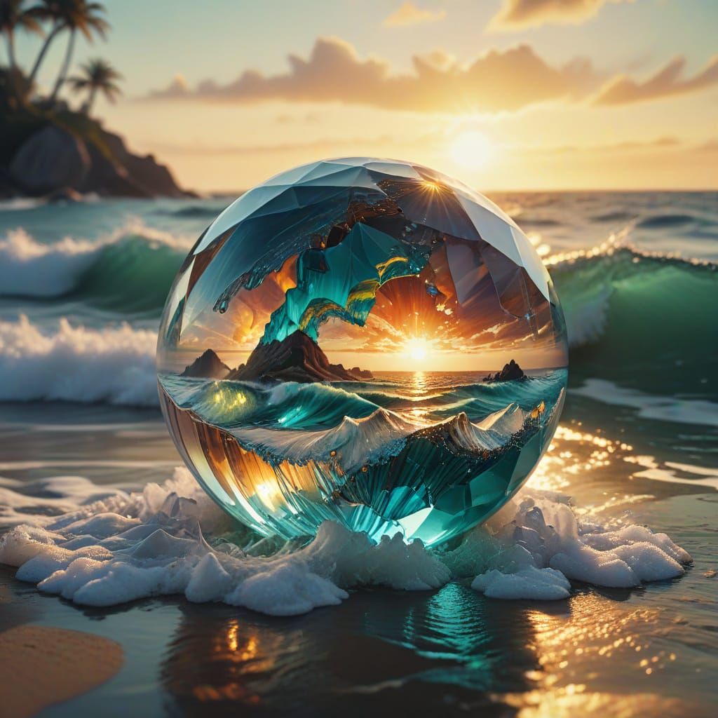 "A faceted orb rests on a shore as waves crash around it. In...