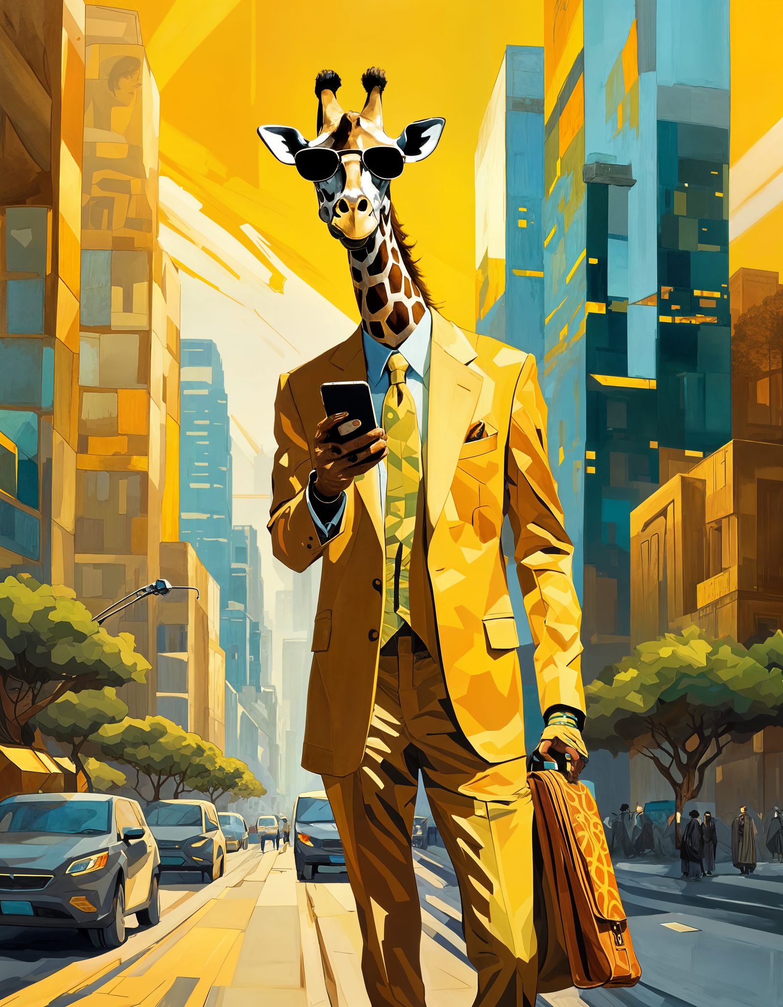 Surreal Cityscape with a Peculiar Giraffe in Formal Wear